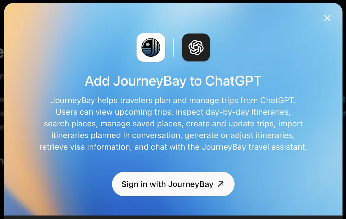 JourneyBay connection screen in ChatGPT with a Sign in with JourneyBay button